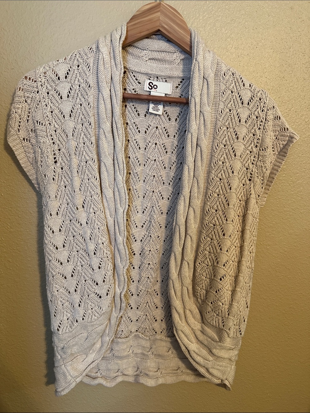SO Cream Cable Knit Open-Front Short-Sleeve Cardigan